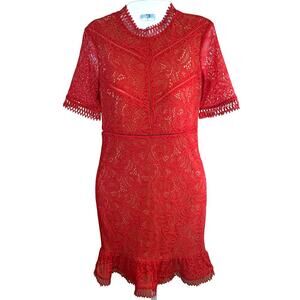 Bardot Theodore Mini Dress High Neck Fire Red Lace over Nude Shell Women's‎ 4 XS